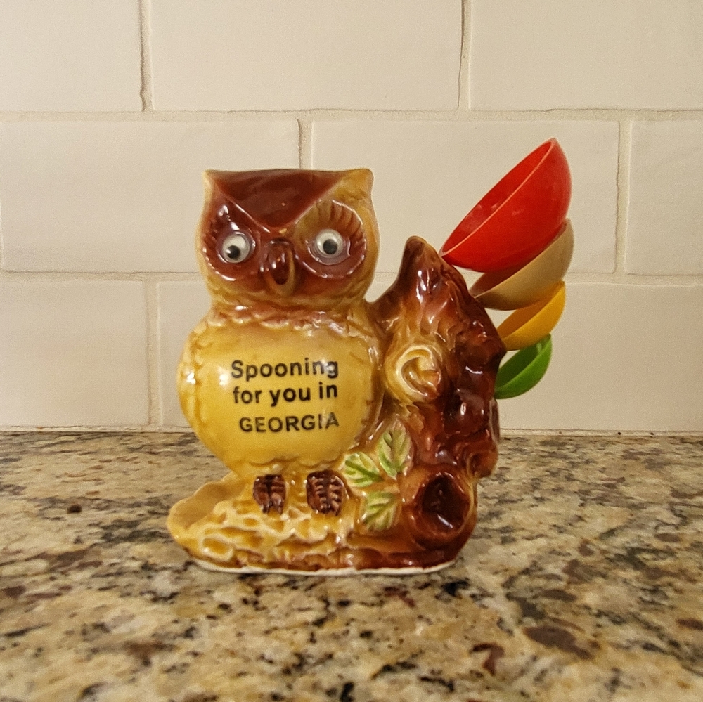 Vintage Owl Measuring Spoons Holder with Ring Tray